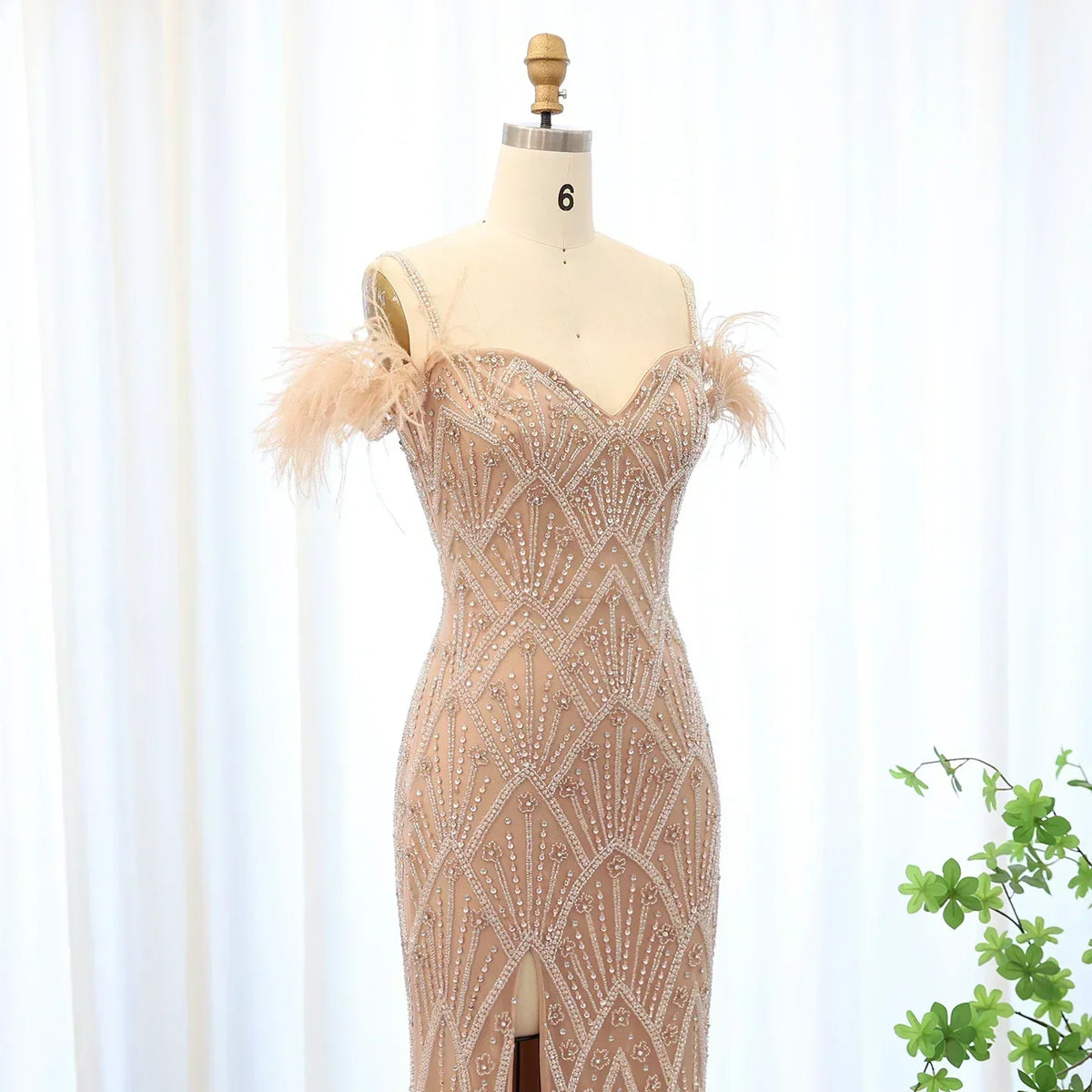 Sequin Off Shoulder Feather Trim Mermaid Maxi Gown - View 6