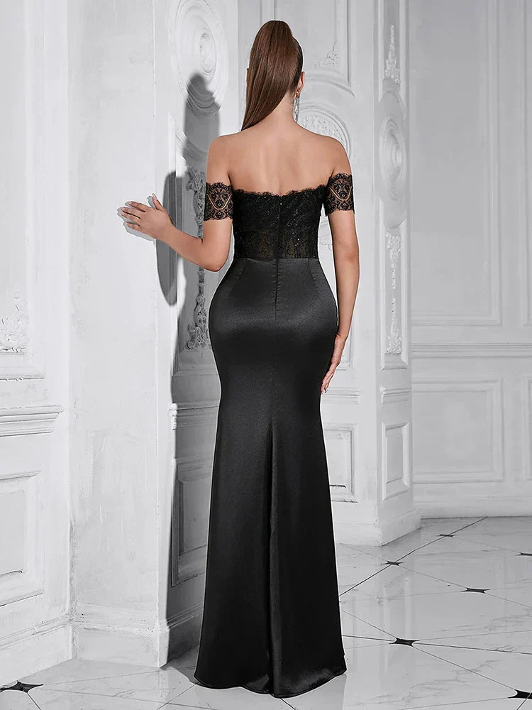 Lace Corset Off Shoulder Sweetheart Ruched Front Maxi Gown - View 5