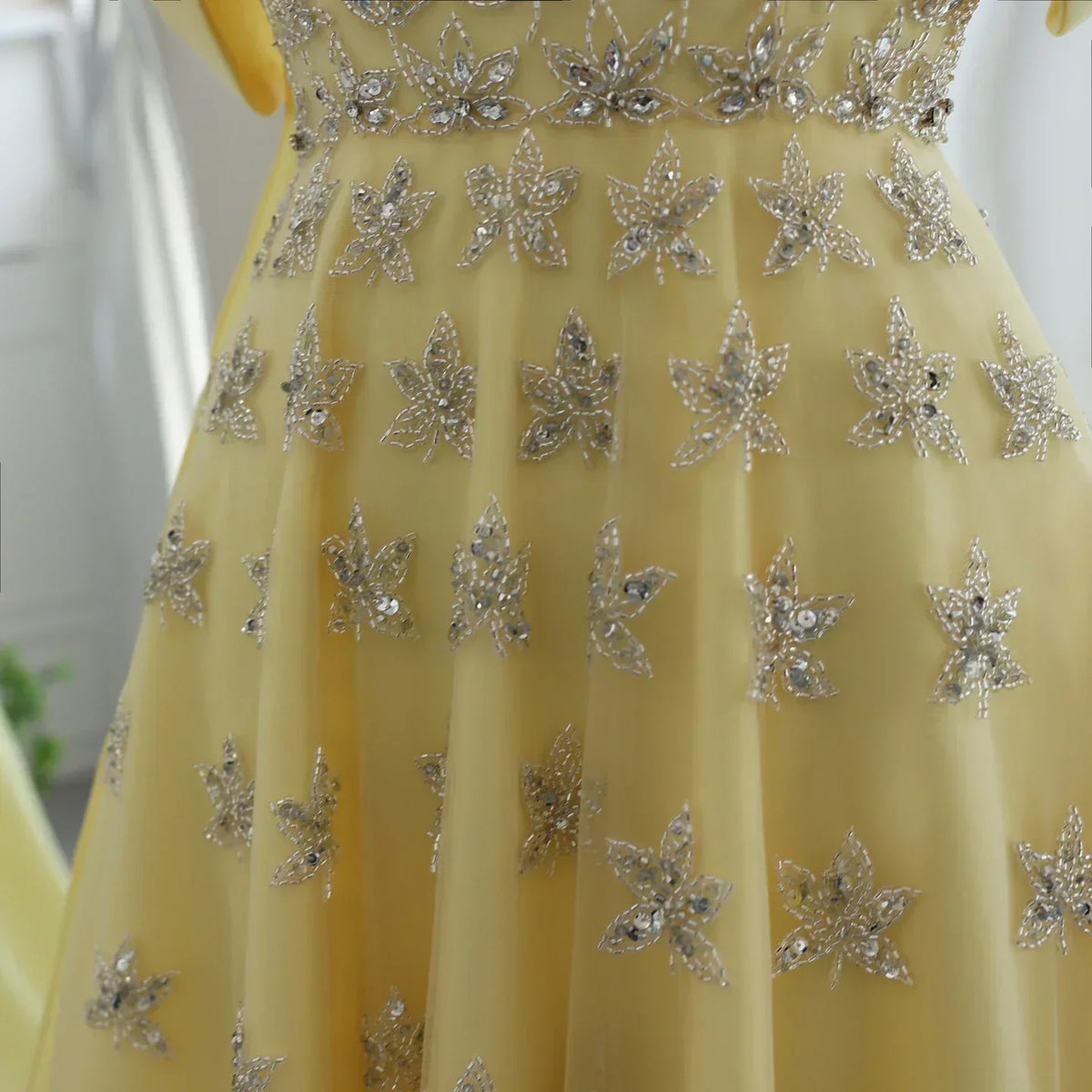 Off Shoulder Rhinestone Floral Beaded Tulle Cape A-Line Maxi Gown - View 8