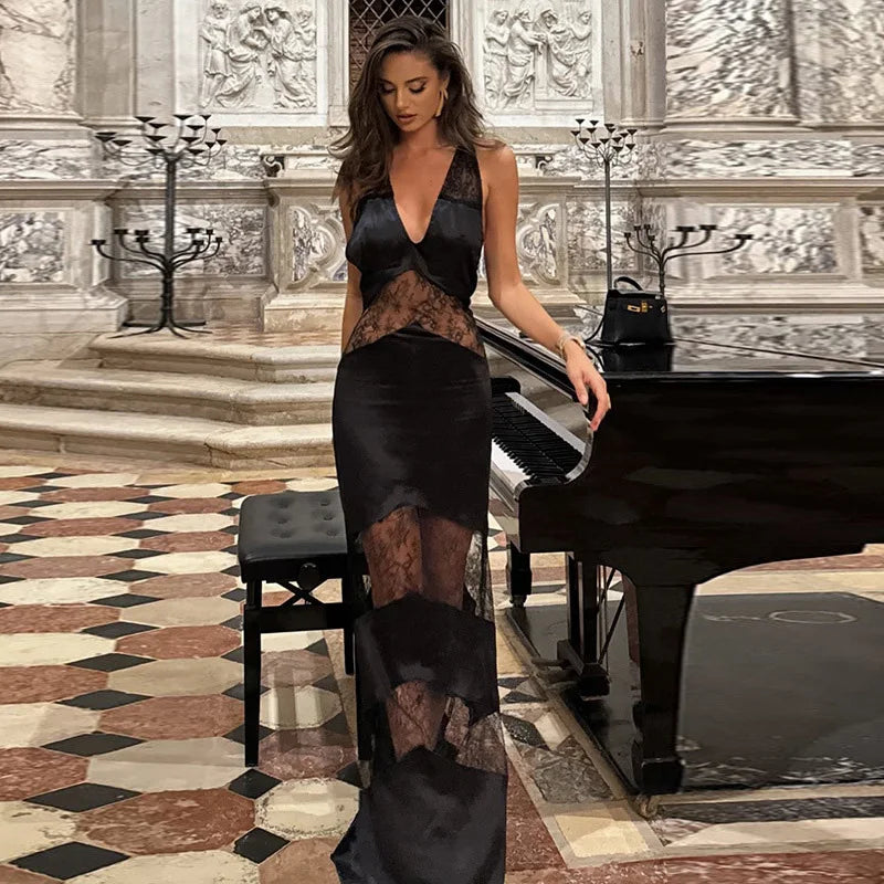 Halter Deep V-Neck Lace Panel Sheer Insert Sleeveless Maxi Gown - View 6