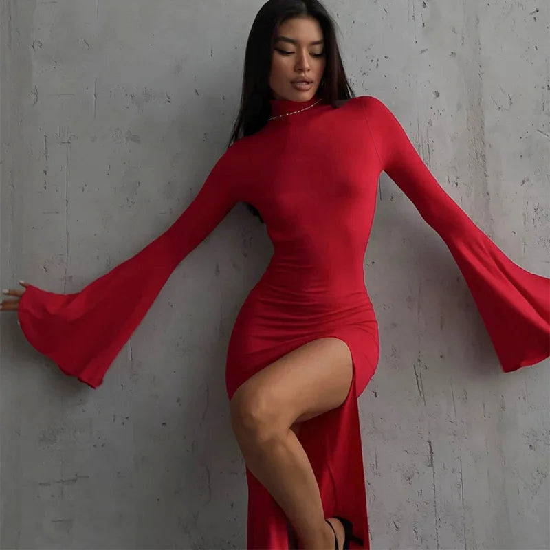 Mock Neck Bell Sleeve High Split Bodycon Maxi Dress 2