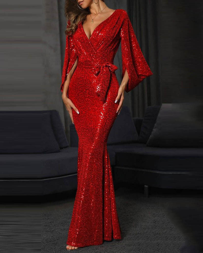 Sequin Deep V-Neck Split Sleeve Belted Mermaid Gown - View 7