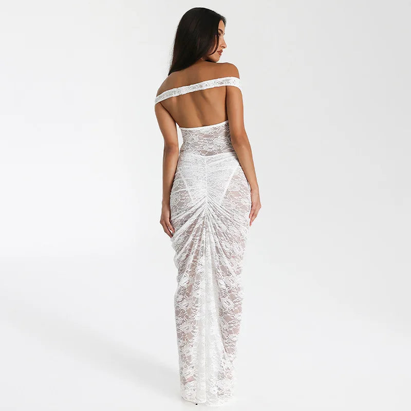 Lace Off Shoulder Sweetheart Corset Hip Cut Out Ruched Maxi Gown - View 3