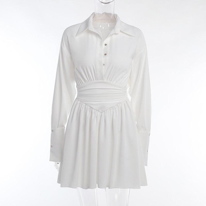 Deep V-Neck Shirt Collar Ruched Waist Bell Sleeve Mini Dress - View 10
