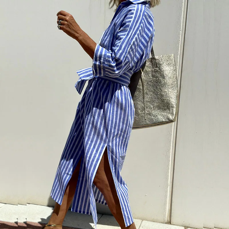 Striped Relaxed Fit Button Down Shirttail Hem Midi Shirt Dress - View 4