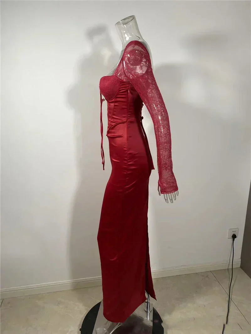 Square Collar Lace - Up Backless Long Sleeve Maxi Dress - View 6