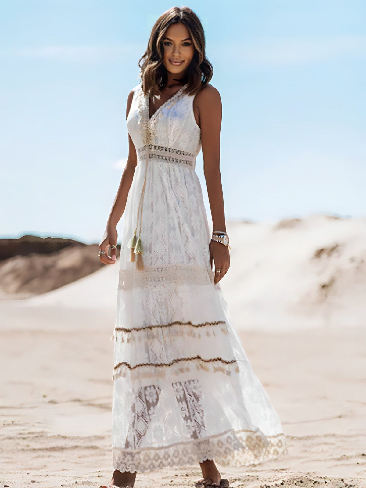 Lace Crochet Empire Waist V-Neck High Split Tiered Maxi Dress - View 8