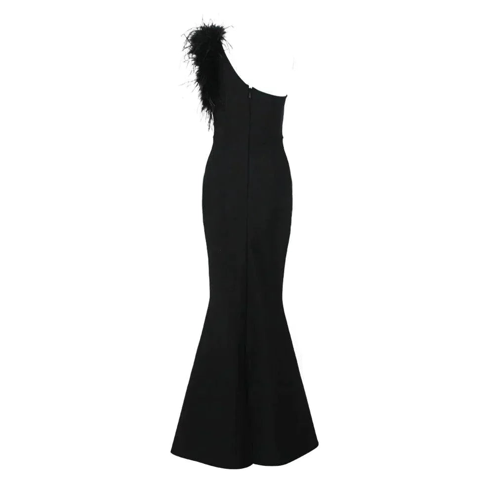 Dainty In The Dark Elegant One Shoulder Feather Maxi Dress - View 8