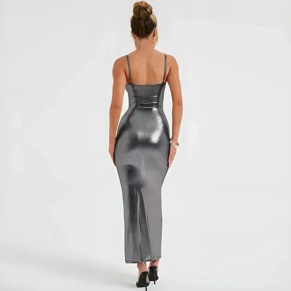 Metallic Square Neck Spaghetti Strap Bodycon Maxi Gown - View 7