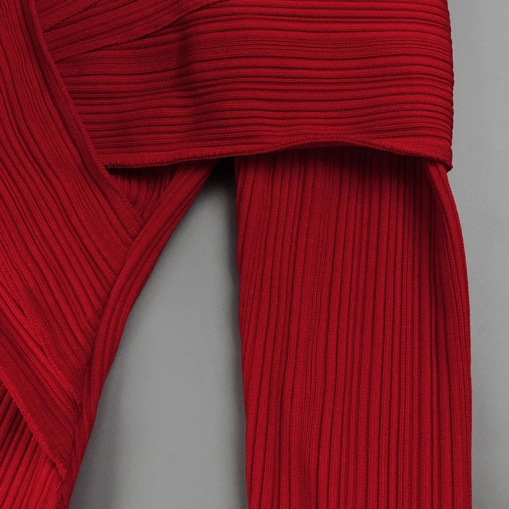 Ribbed Knit High Neck Long Sleeve Cross Wrap Bodycon Maxi Dress - View 9