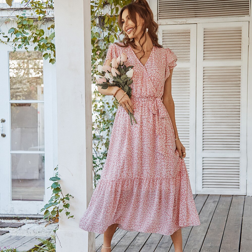 V-Neck Flutter Sleeve Leopard Print Tiered Maxi Dress 4