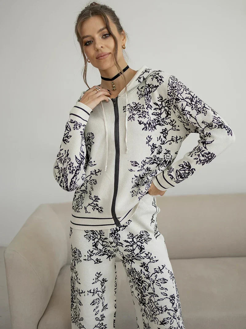 Hooded Zip Front Floral Knit Cardigan and Wide Leg Pants Two Piece Set 7