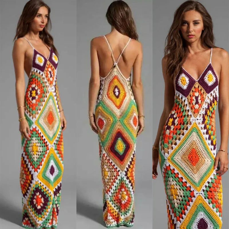 Crochet Granny Square Backless Halter Bodycon Maxi Dress - View 2