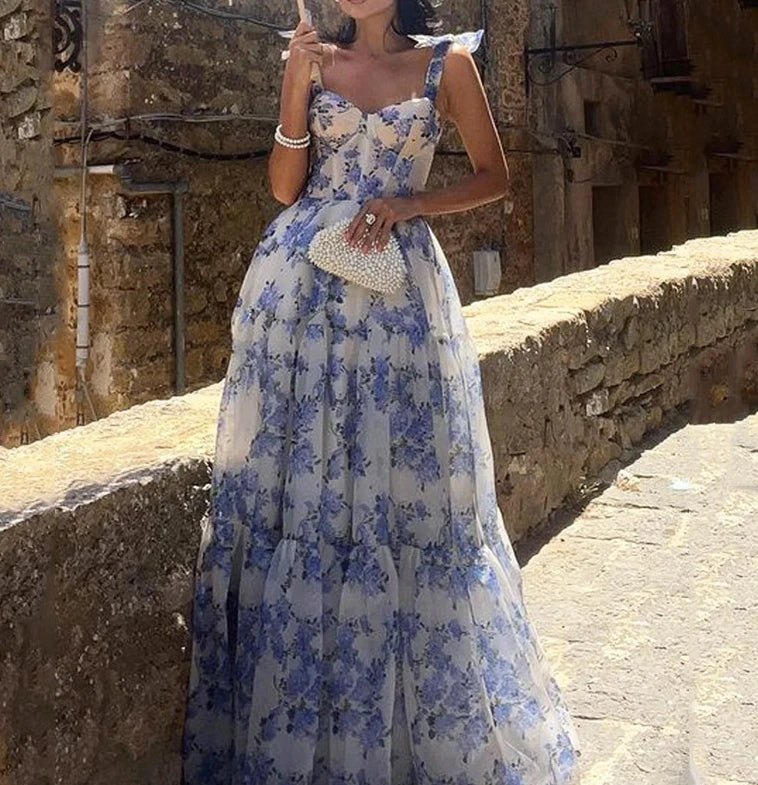 Floral Bustier Bow Strap Tiered Ruffle Organza Maxi Gown - View 3