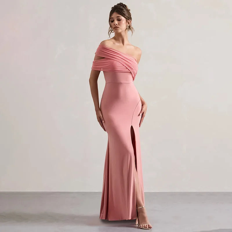 Solid One Shoulder Mesh Slit Long Dress - View 4