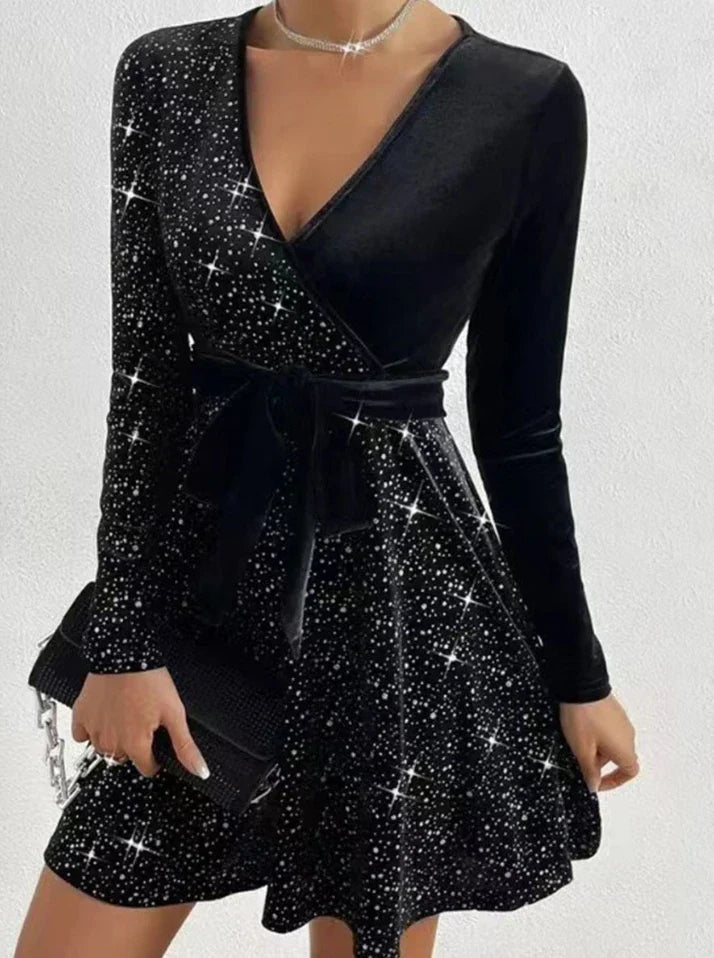 Glitter V-Neck Long Sleeve Tie Waist Velvet A-Line Mini Dress 6