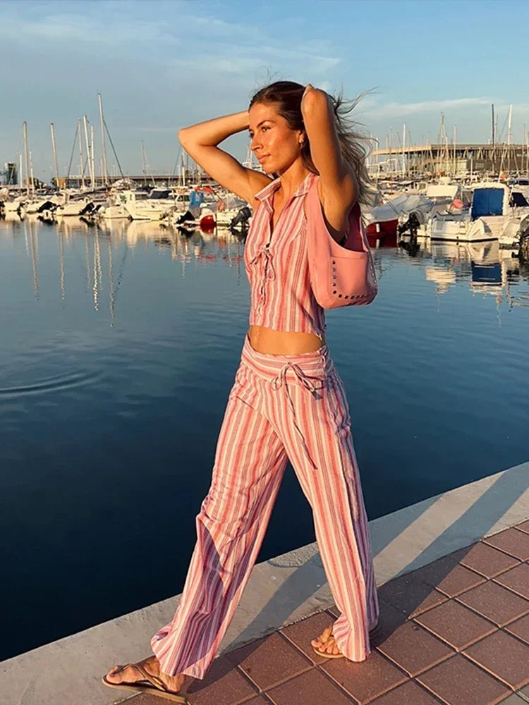 Striped Lace Up Backless Two Piece Pants Set