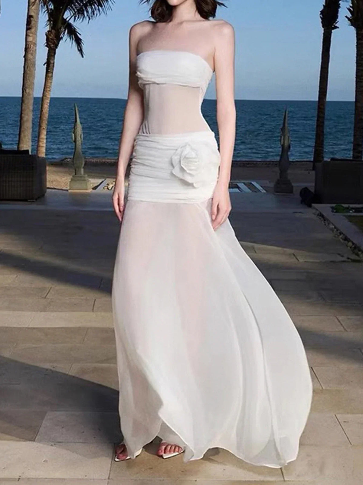 Strapless Mesh Panel Ruched Rosette Chiffon Maxi Gown