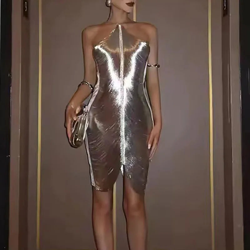Metallic Halter Neck Backless Bodycon Mini Dress - View 4