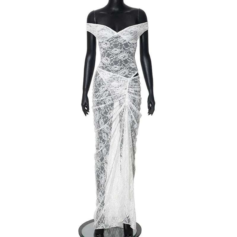 Lace Off Shoulder Sweetheart Corset Hip Cut Out Ruched Maxi Gown - View 7