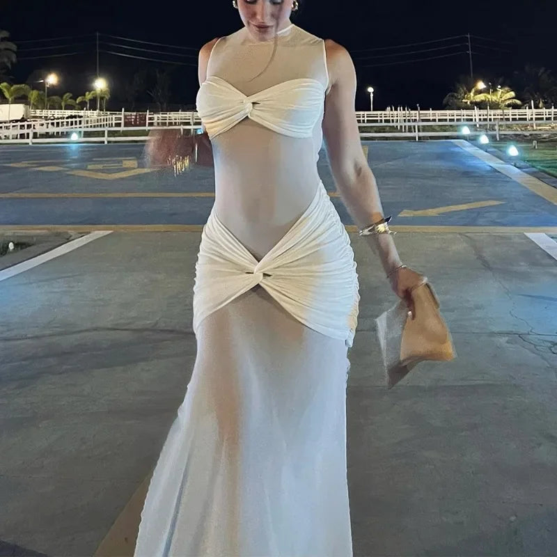 Mesh Mock Neck Sleeveless Knotted Bandeau Ruched Waist Maxi Dress - View 5