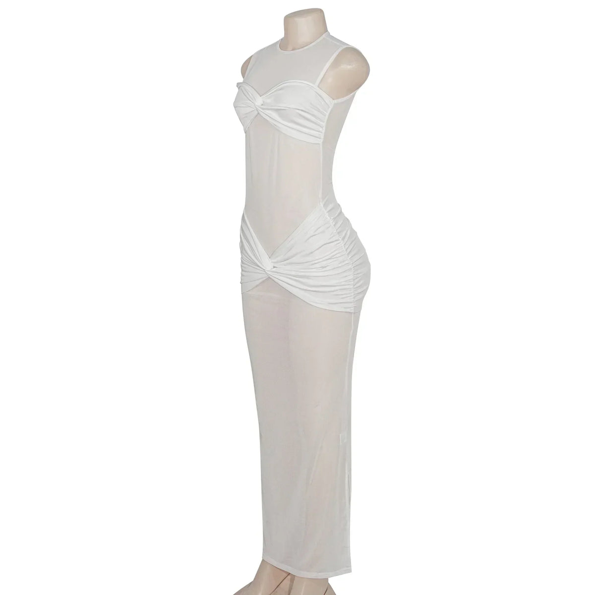 Mesh Mock Neck Sleeveless Knotted Bandeau Ruched Waist Maxi Dress - View 7