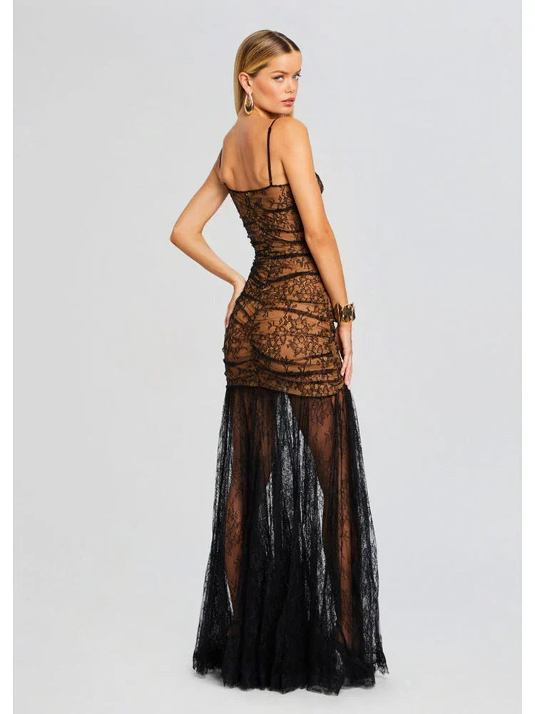 Spaghetti Strap Folds Split Elegant Lace Dress - View 4