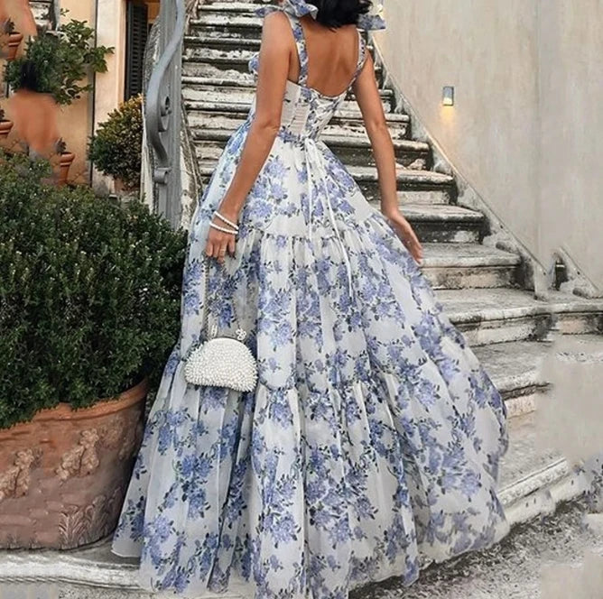 Floral Bustier Bow Strap Tiered Ruffle Organza Maxi Gown - View 2