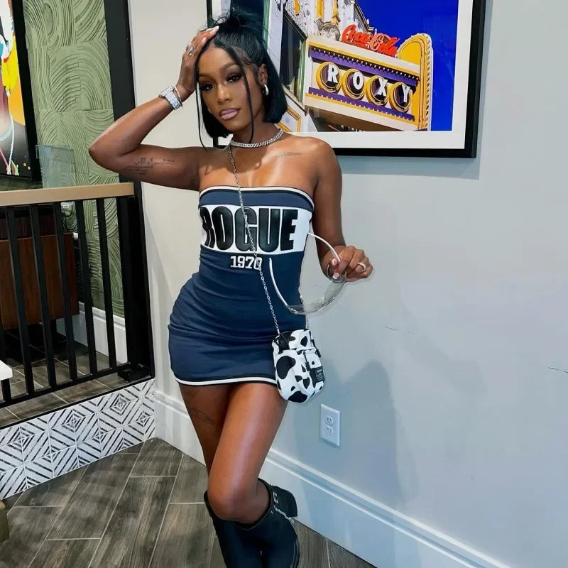 Letter Print Strapless Bodycon Mini Tube Dress