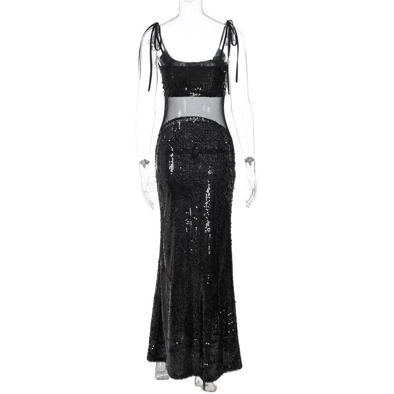Sheer Mesh Spaghetti Strap Glitter Long Dress - View 14