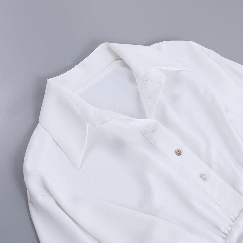 Deep V-Neck Shirt Collar Ruched Waist Bell Sleeve Mini Dress - View 13