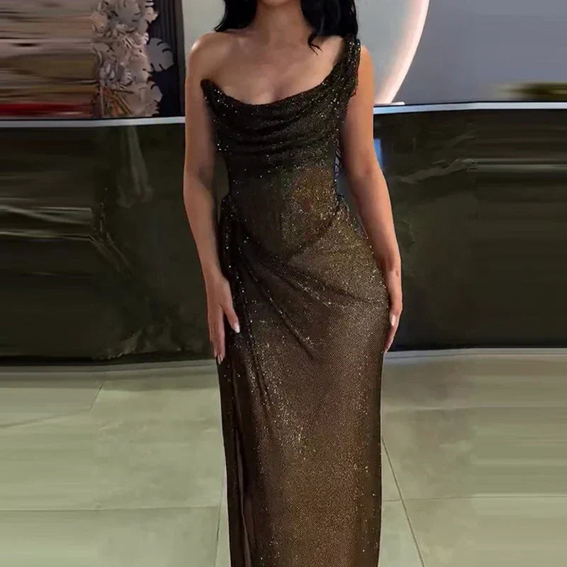 Sequin Cowl Neck Sleeveless Ruched Bodycon Maxi Dress - View 3