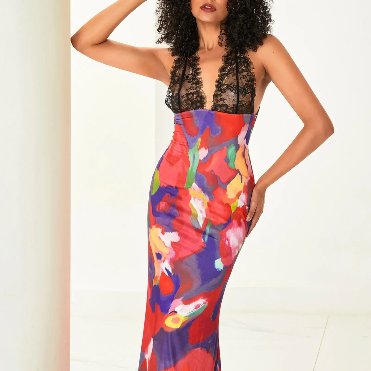 Lace Halter Deep V-Neck Bodycon Maxi Dress