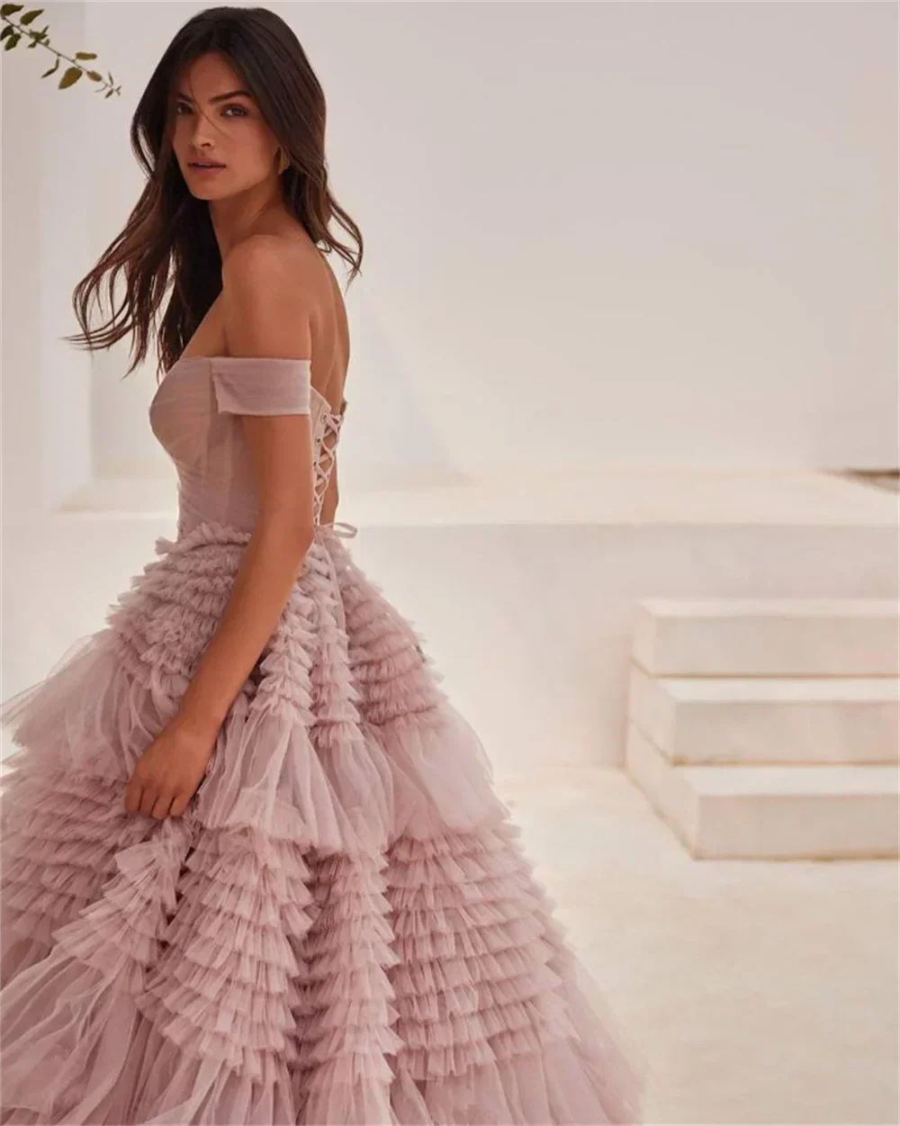 Tulle Off Shoulder Tiered Ruffle Lace Up Back Ball Gown