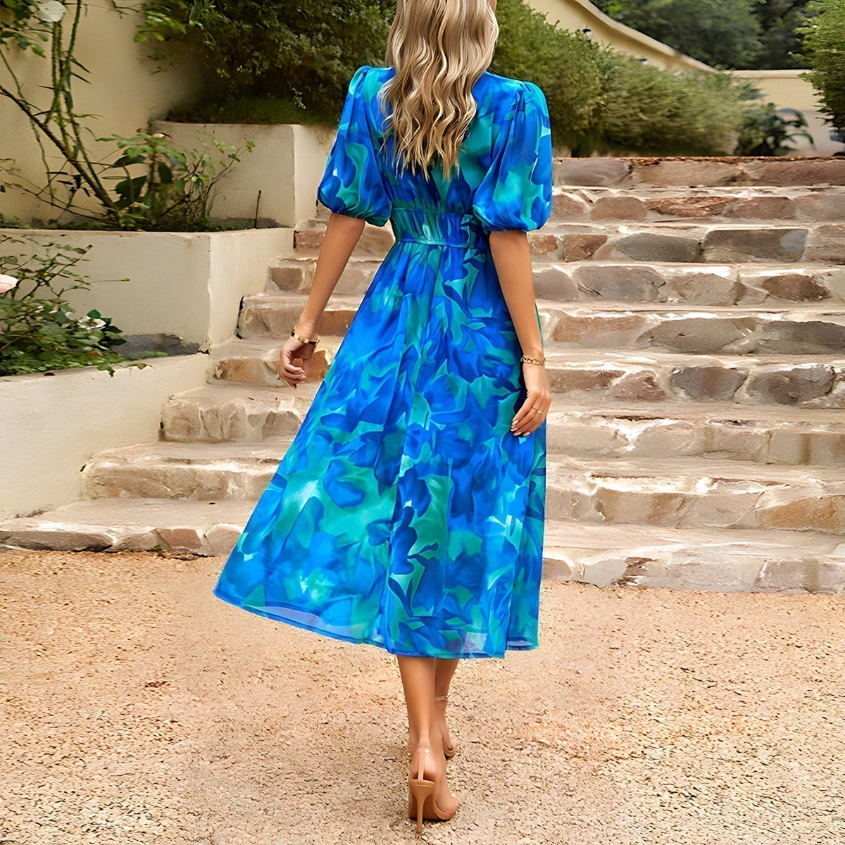Cotton Blend V-Neck Short Sleeve Summer Midi Dress - View 4