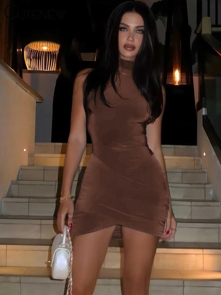 Ruched Sleeveless Mock Neck Wrap Hem Mini Party Dress - View 2