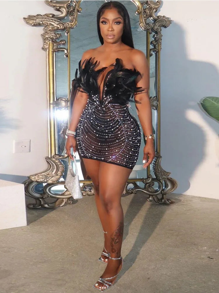 Feather Strapless V Neck Mesh Party Dress - View 5