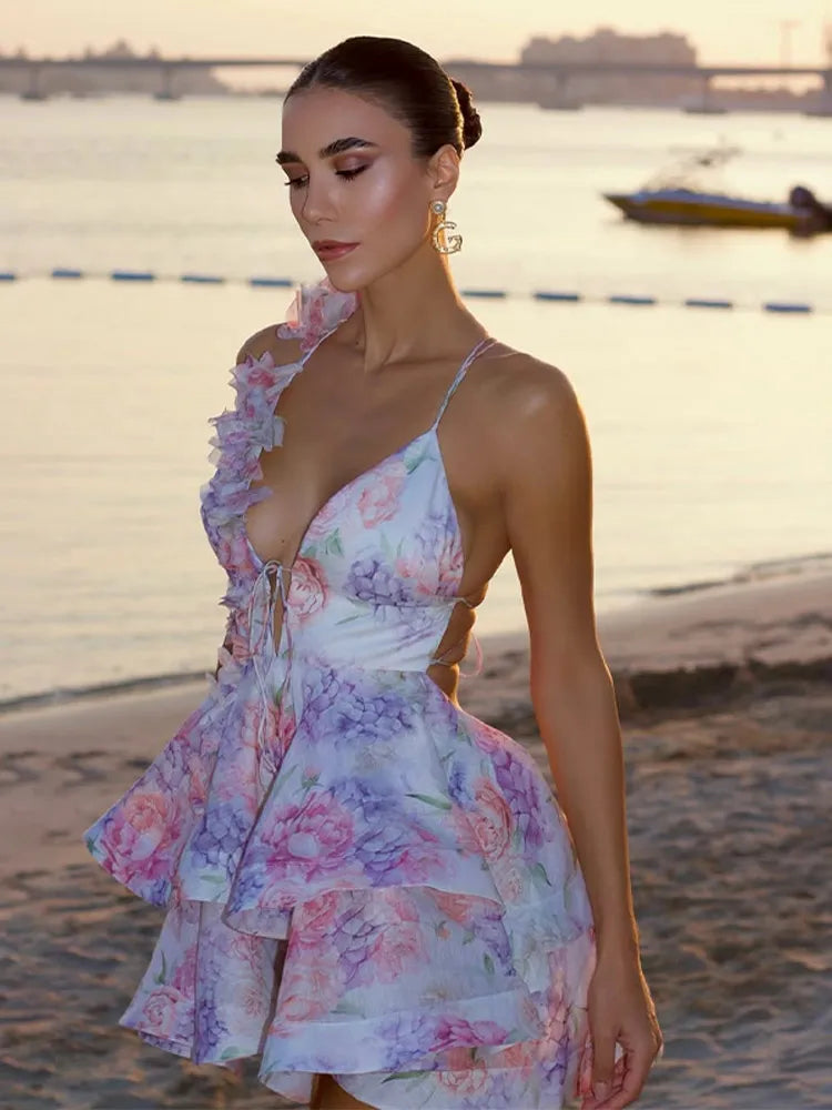 Floral Print Deep V-Neck Puff Sleeve Ruffle Fit and Flare Mini Dress - View 10