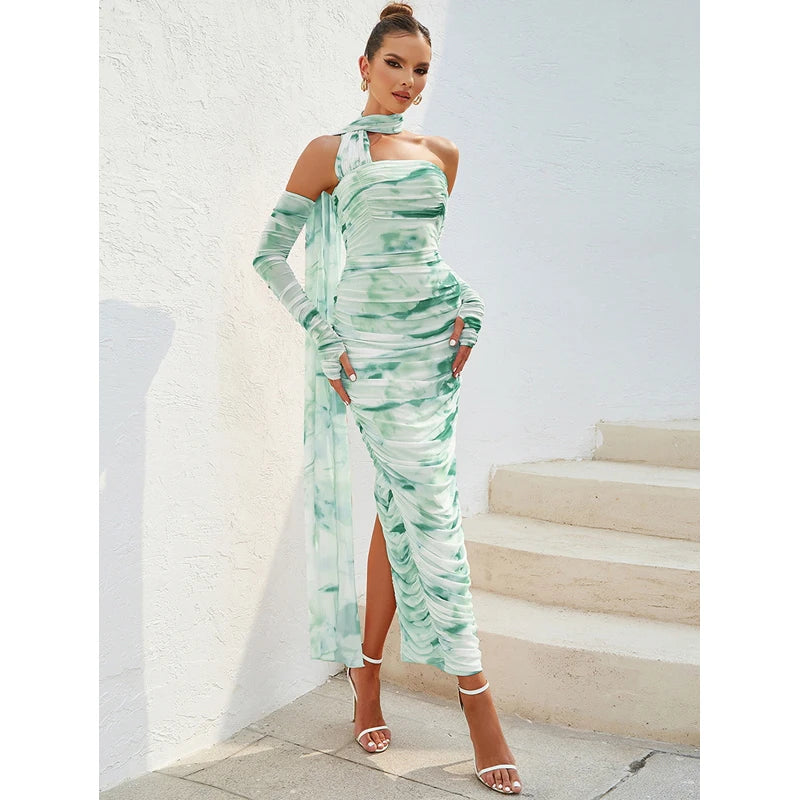 Tie Dye One Shoulder Long Sleeve Ruched High Split Maxi Dress - View 6