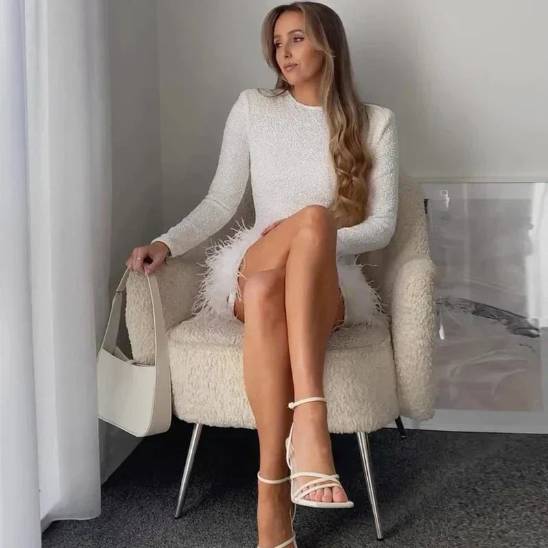 Sequin High Neck Long Sleeve Feather Trim Bodycon Mini Dress - View 13