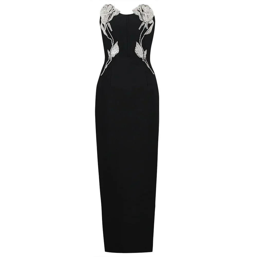 Strapless Rhinestone Rose Corset Bodice High Split Maxi Gown - View 9