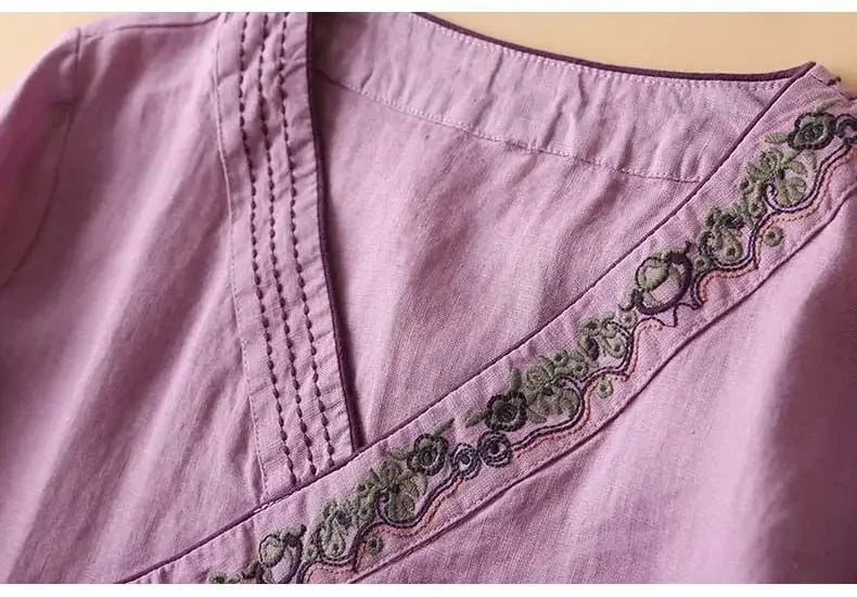 Embroidered Trim V-Neck Long Sleeve Wrap Blouse 13