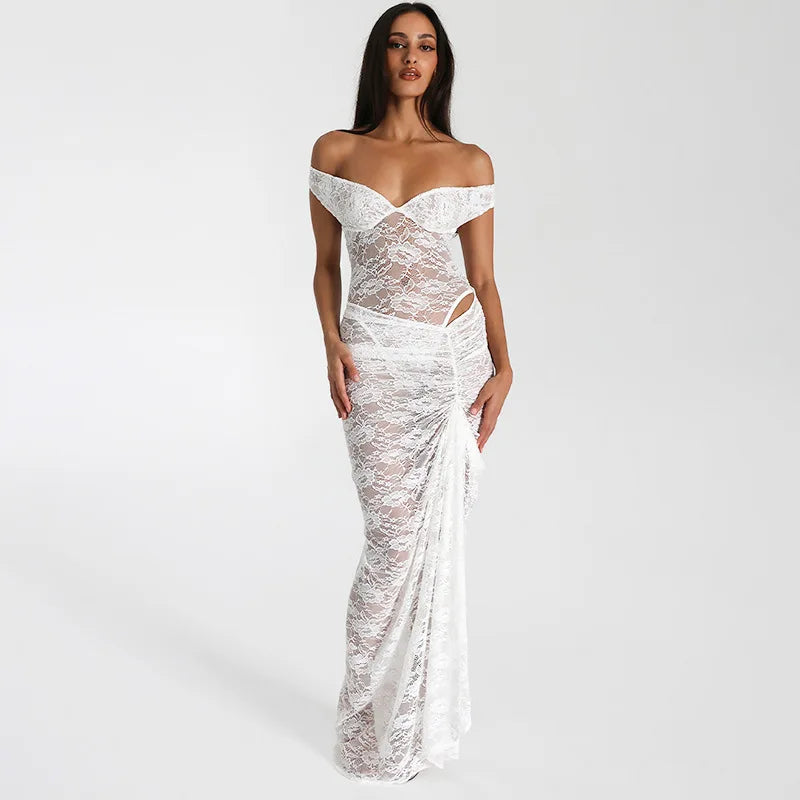 Lace Off Shoulder Sweetheart Corset Hip Cut Out Ruched Maxi Gown - View 2