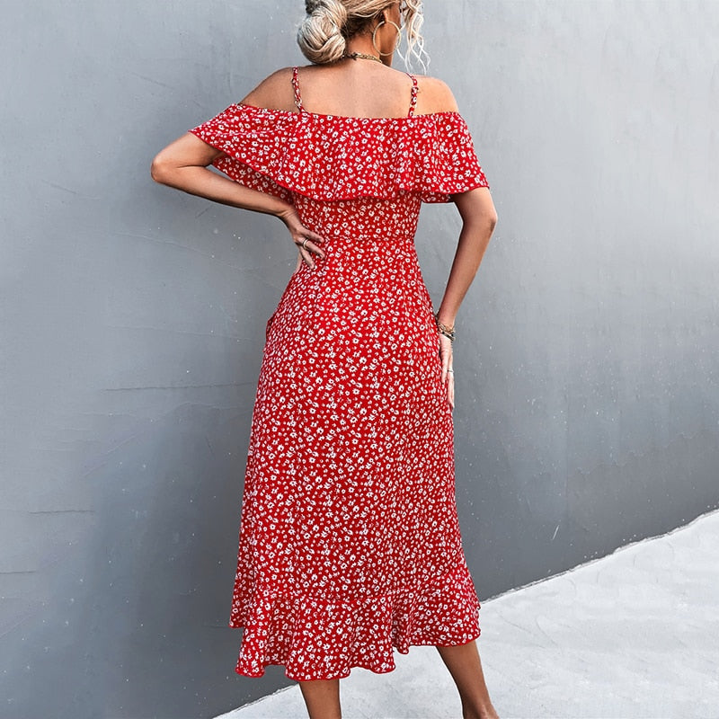 Floral Print Spaghetti Strap Cold Shoulder Ruffle Wrap Midi Dress - View 4