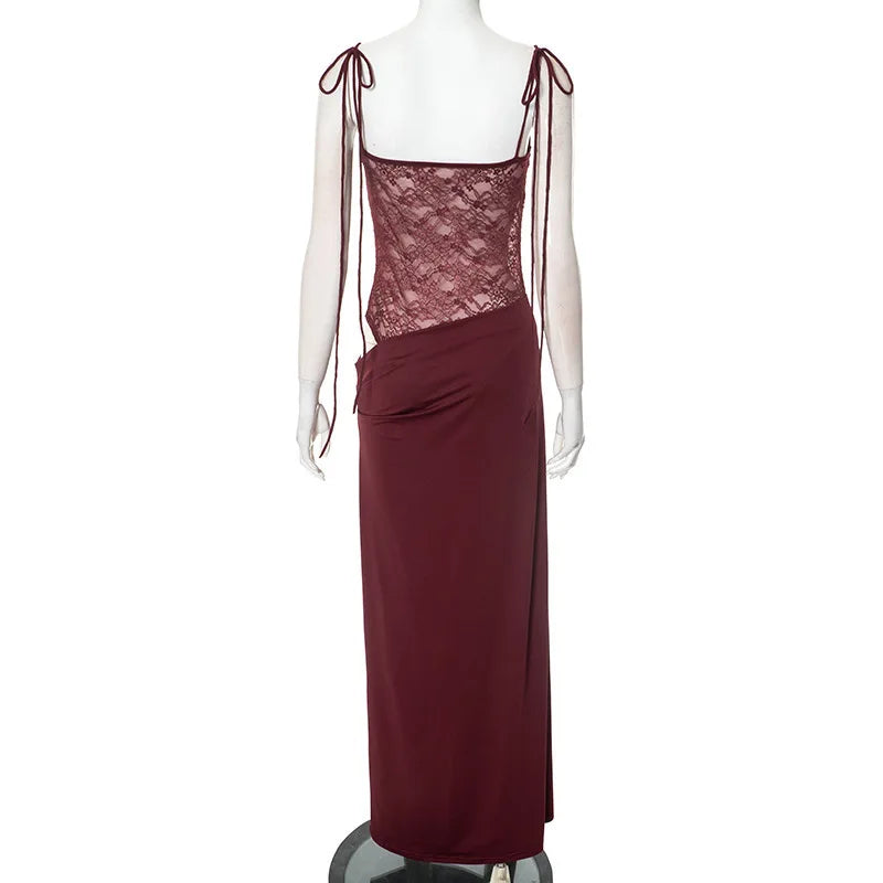 Spaghetti Strap Sheer Lace Hollow Out Long Dress - View 9