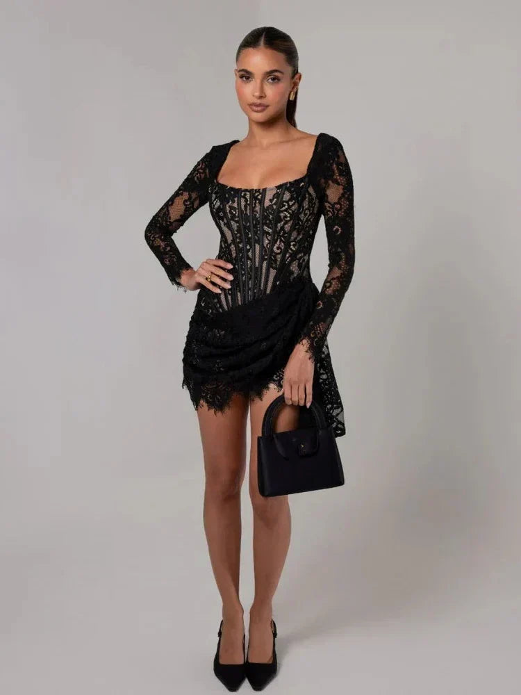 Corset Draped Square Collar Ruched Lace Dress - View 5