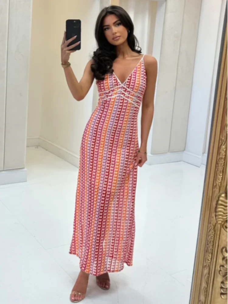 Halter Neck Deep V-Neck Chevron Knit Criss Cross Waist Maxi Dress - View 6
