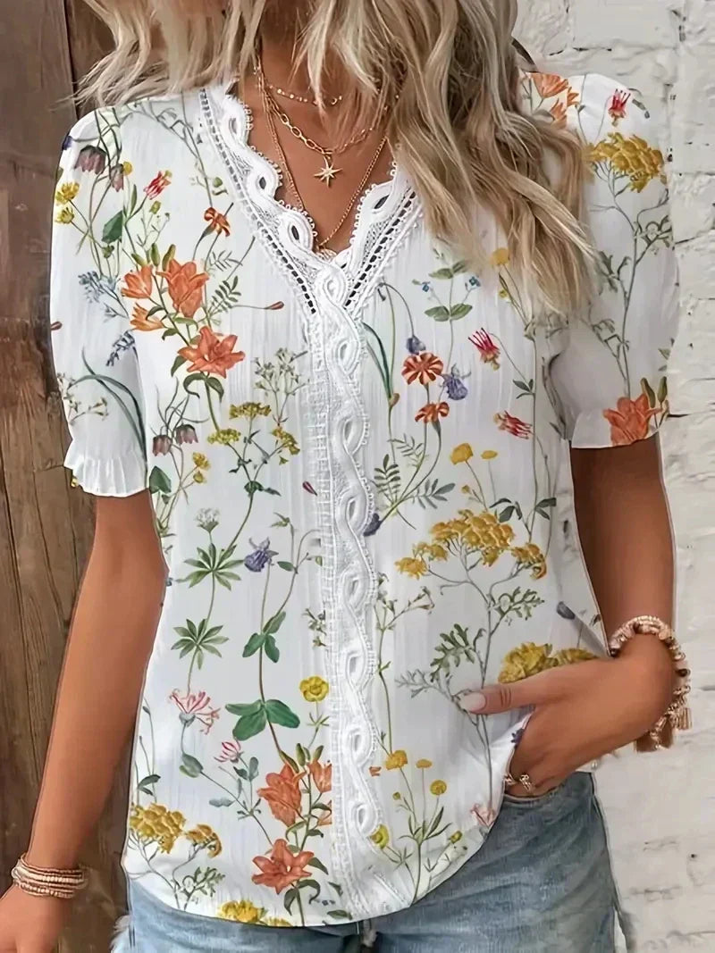 Leaf Print Lace Trim V-Neck Short Sleeve Blouse 4