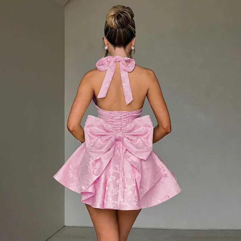 Jacquard Halter Neck Deep V-Neck Back Bow Flare Mini Party Dress - View 2