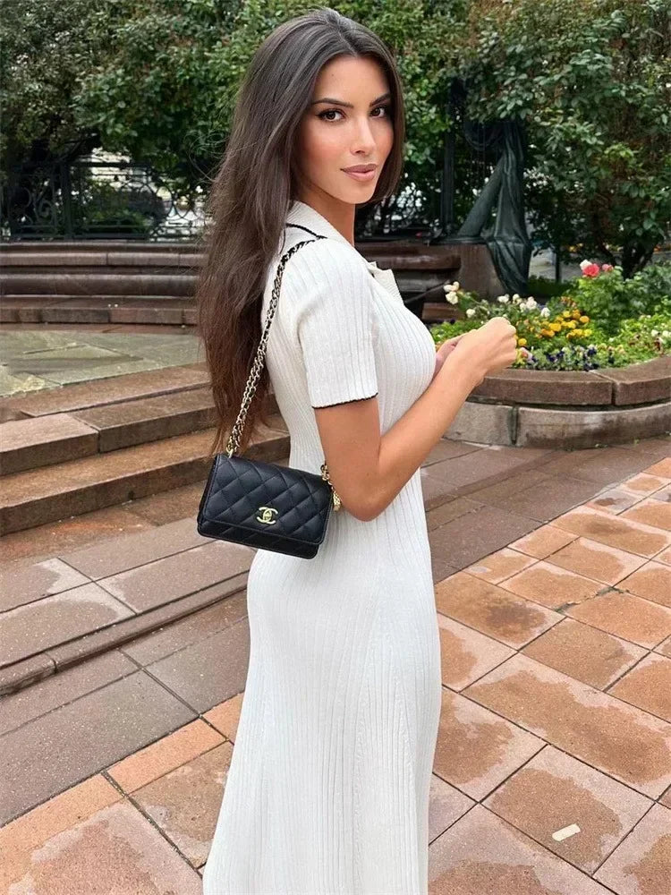 Ribbed Knit Polo Collar Short Sleeve Button Front Maxi Dress 3